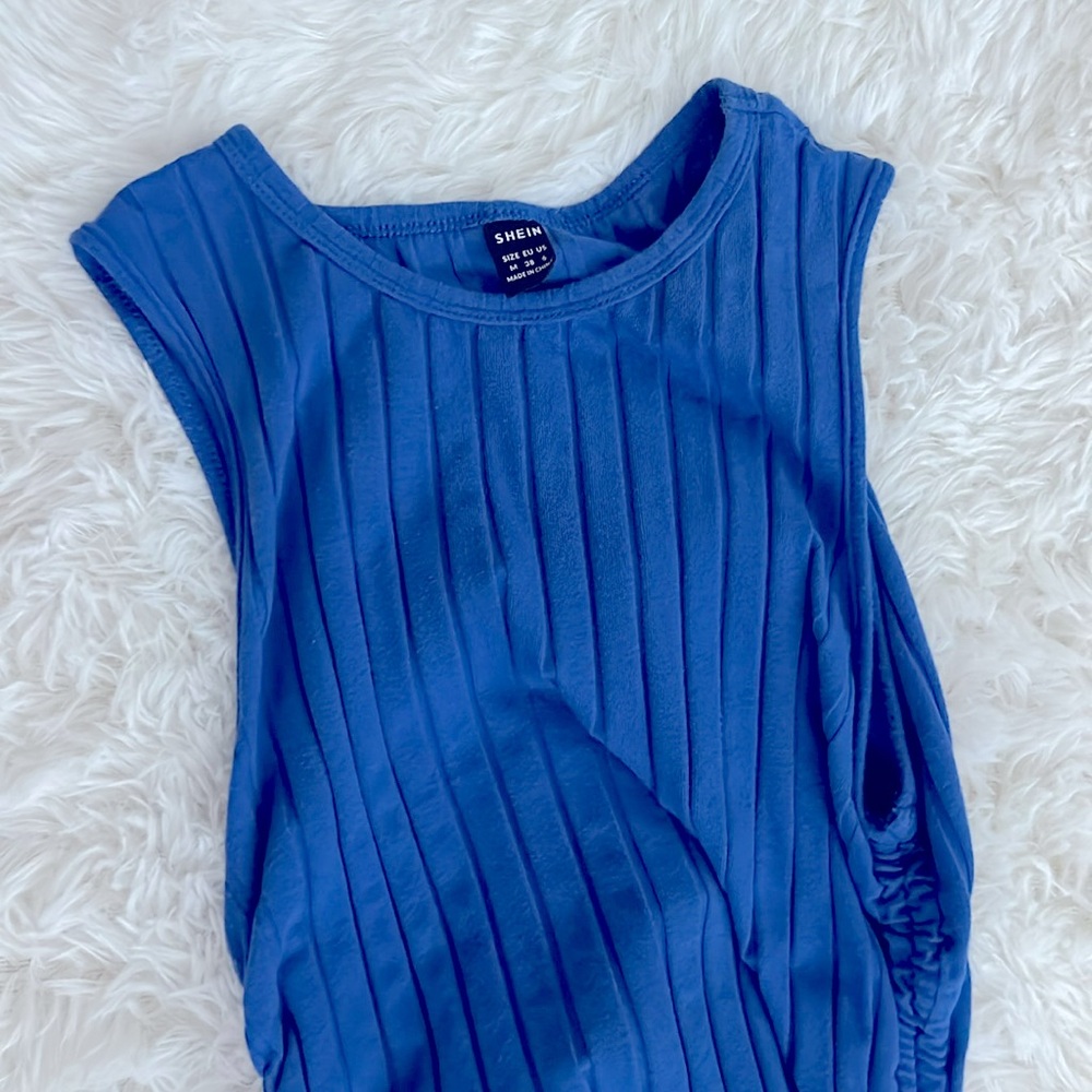 Blue Ruched Sleeveless Dress - Picture 2 of 4